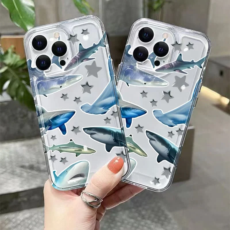 Marine Shark Label Clear Phone Case For iPhone 16 15 14 13 12 11 Pro Max 13 12 11 16 Pro XS X XR 7 8 15 16 14 Plus 16E SE Cover