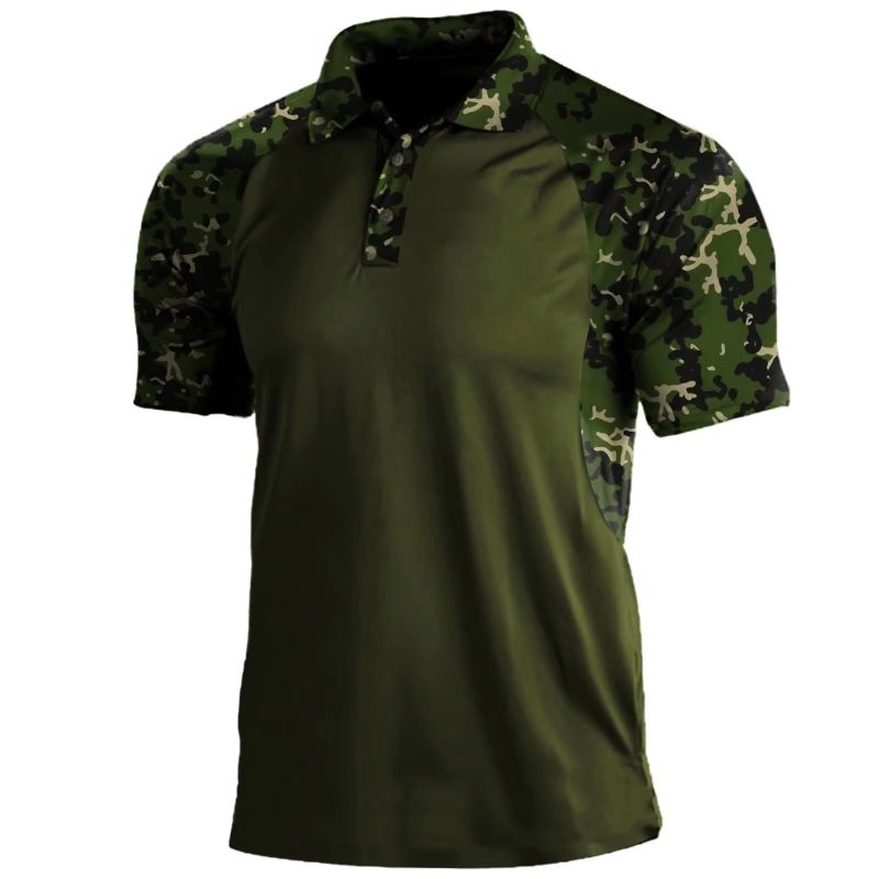 Men’s Camouflage Patchwork Print Polo Shirt Short Sleeve Summer Tee