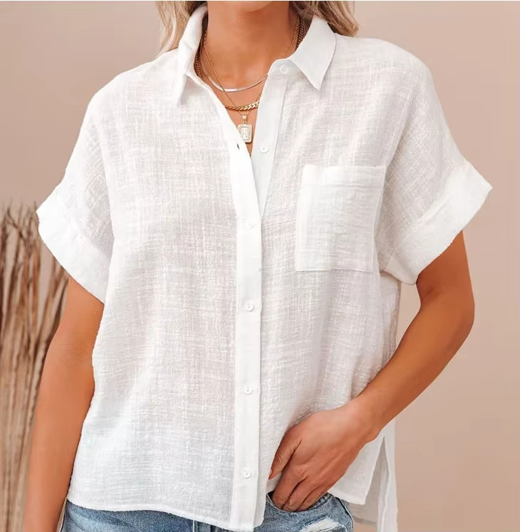 Women’s Cotton Linen Short Sleeve Button Blouse Loose Casual Shirt