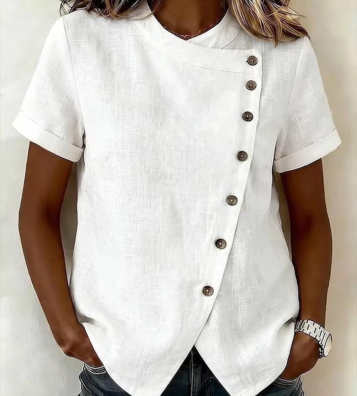 Women’s Casual Solid Blouse Short Sleeve Loose Summer Shirt